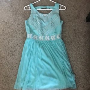 Teal/blue fit & flare cocktail wedding guest dress